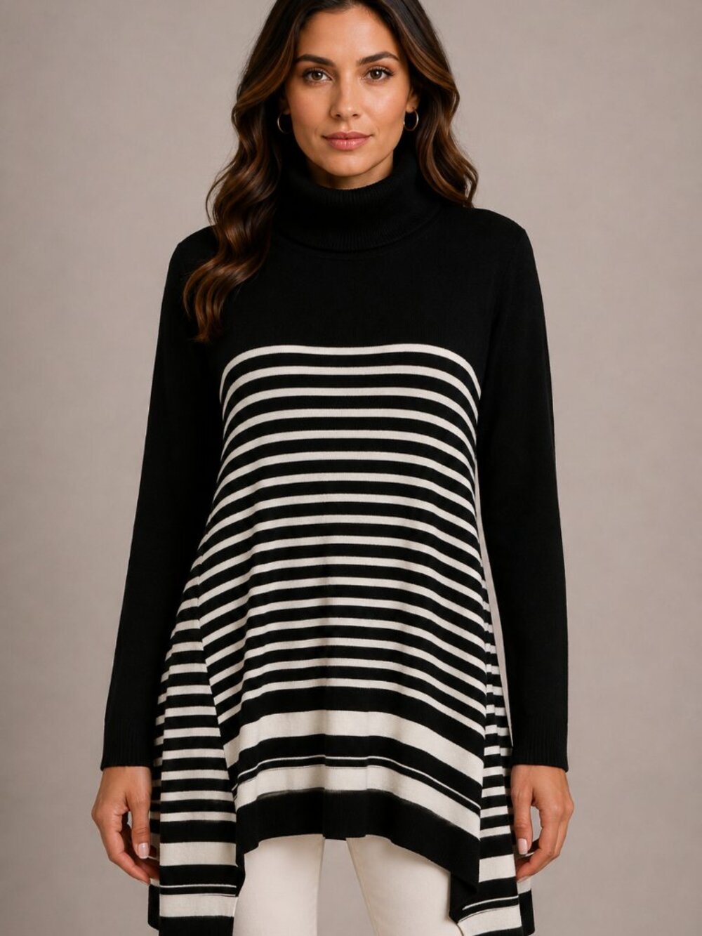 Apt. 9 XL Black White Striped Turtleneck Handkerchief Hem Tunic Sweater